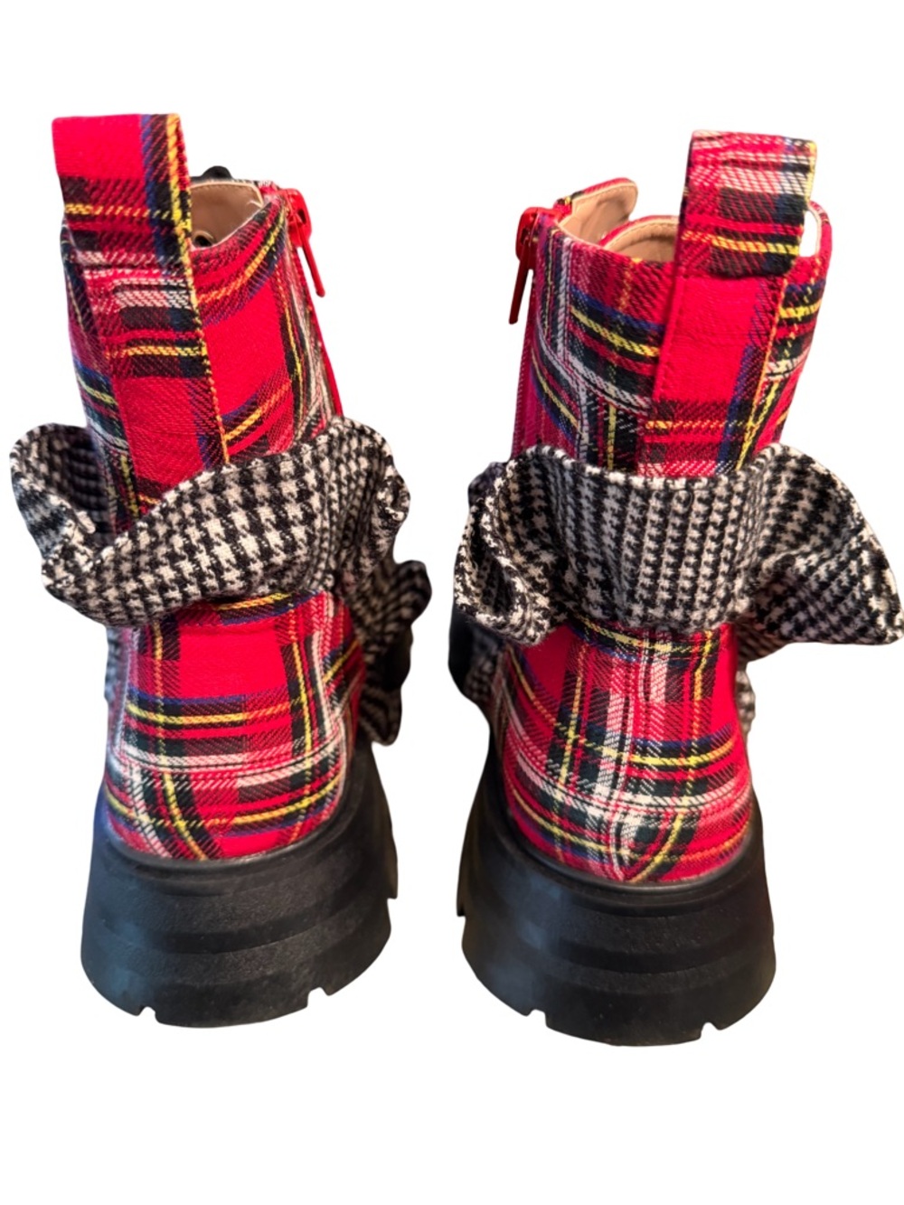 Betsey Johnson NWT Sz 9 Rozy Red Plaid Combat Boots Houndstooth Accent (SH327) - Picture 7 of 12
